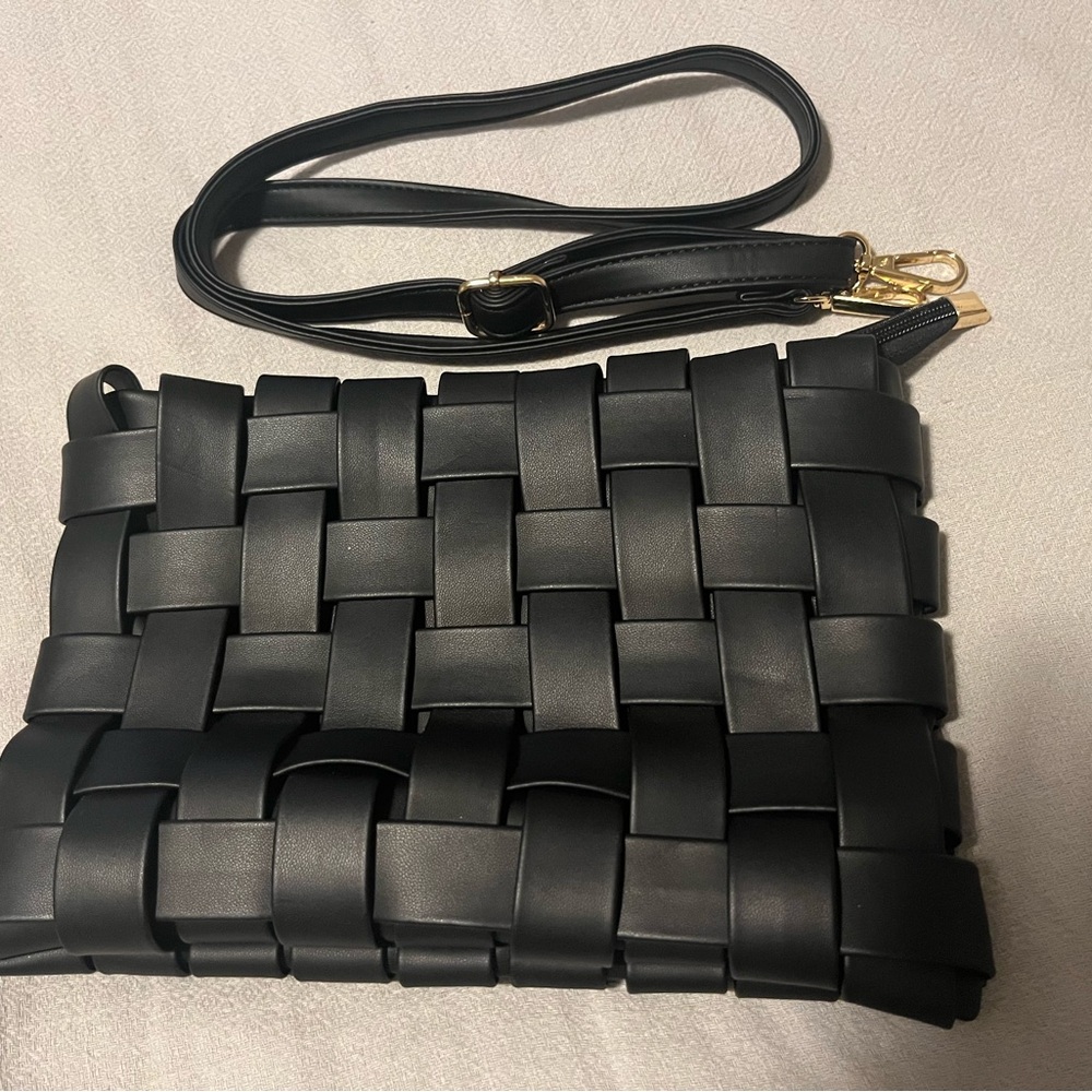 Black Woven Leather Crossbody Bag